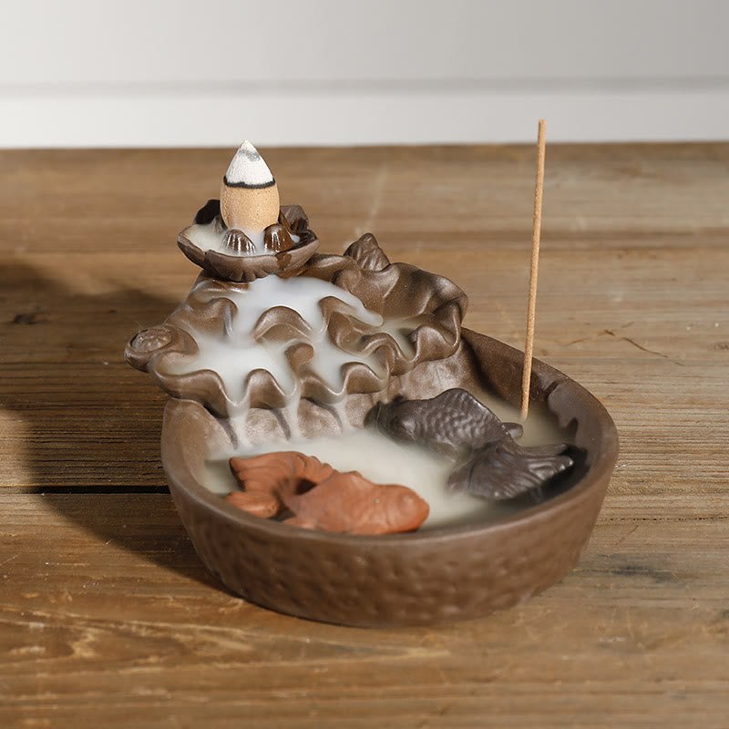 Buddha Stones Räuchergefäß mit Rückfluss, inspiriert von lila Ton, Koi-Fisch, Lotus-Frieden und Koi-Fisch - Lila Tonerde (Beruhigend ♥ Heilend) - image 0