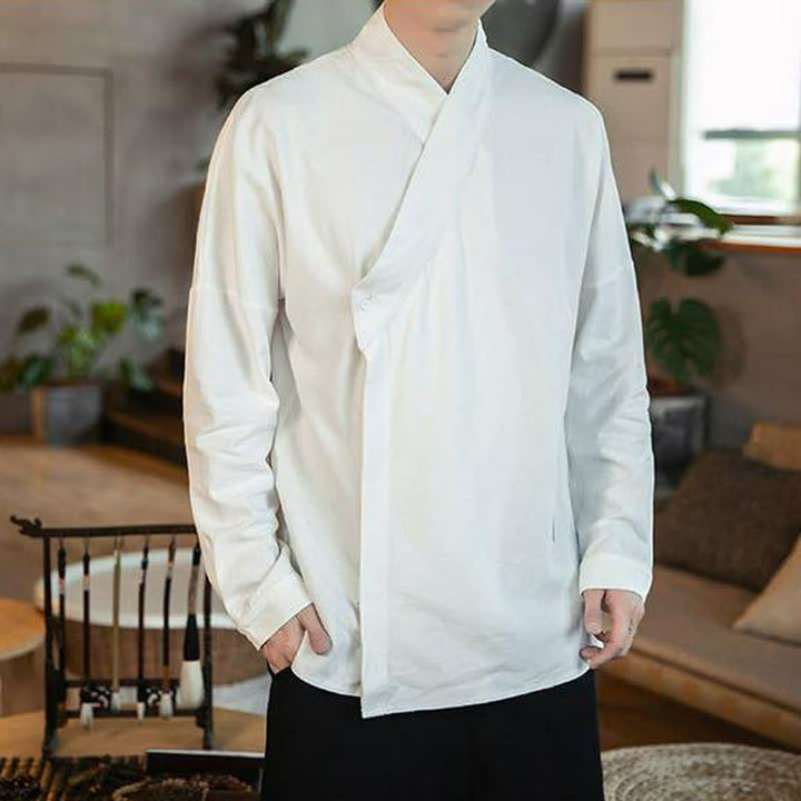 Buddha Stones Herbstliches Tang Style Minimalistisches Herren-Langarmhemd mit Stehkragen, einfarbig - image 8