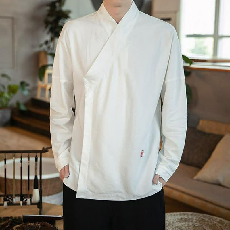 Buddha Stones Herbstliches Tang Style Minimalistisches Herren-Langarmhemd mit Stehkragen, einfarbig - image 13