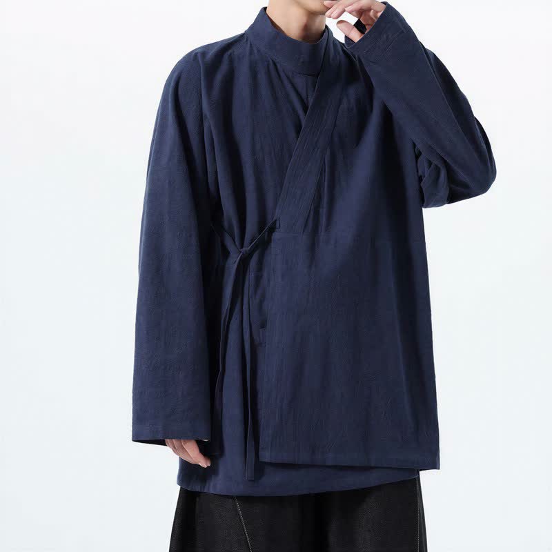 Buddha Stones Lässiger Kimono im Tang-Stil für Herren mit Stehkragen, langen Ärmeln und aus einfarbiger Baumwolle für Herbst und Winter - image 1