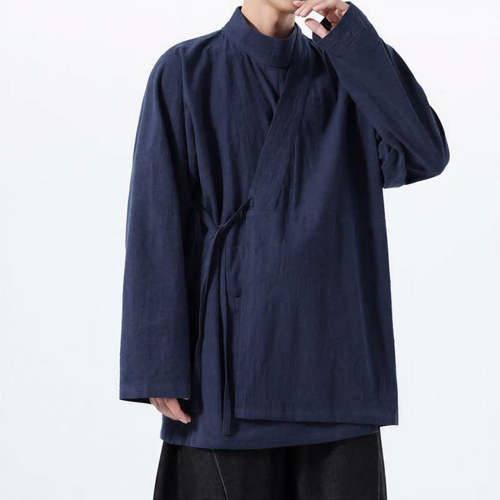 Buddha Stones Lässiger Kimono im Tang-Stil für Herren mit Stehkragen, langen Ärmeln und aus einfarbiger Baumwolle für Herbst und Winter - image 1