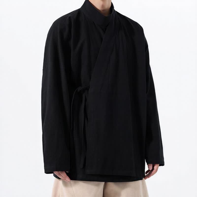 Buddha Stones Lässiger Kimono im Tang-Stil für Herren mit Stehkragen, langen Ärmeln und aus einfarbiger Baumwolle für Herbst und Winter - image 9