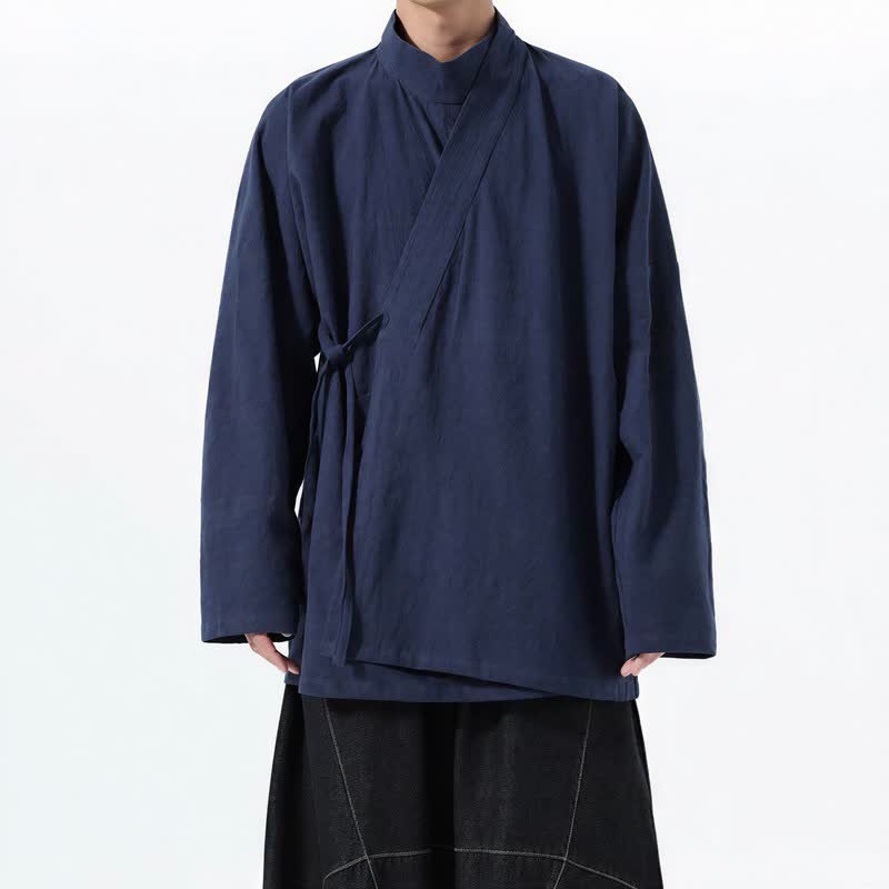 Buddha Stones Lässiger Kimono im Tang-Stil für Herren mit Stehkragen, langen Ärmeln und aus einfarbiger Baumwolle für Herbst und Winter - Mitternachtsblau - US/UK/AU46, EU56 (5XL) - image 0