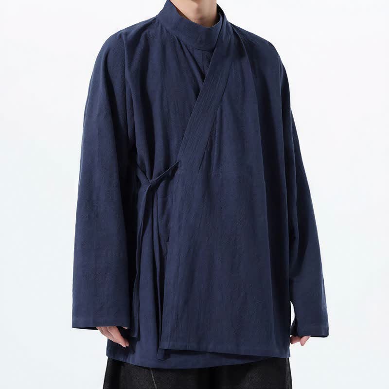 Buddha Stones Lässiger Kimono im Tang-Stil für Herren mit Stehkragen, langen Ärmeln und aus einfarbiger Baumwolle für Herbst und Winter - image 2