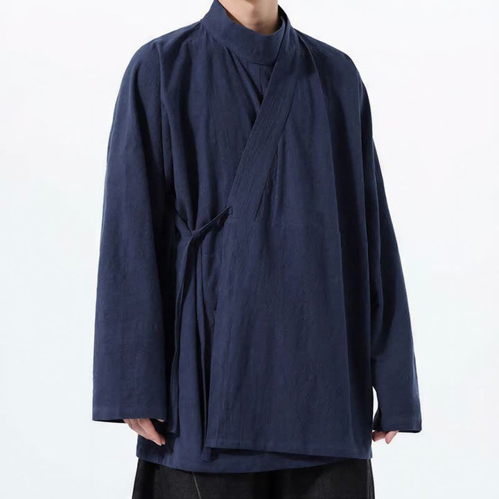 Buddha Stones Lässiger Kimono im Tang-Stil für Herren mit Stehkragen, langen Ärmeln und aus einfarbiger Baumwolle für Herbst und Winter - image 2