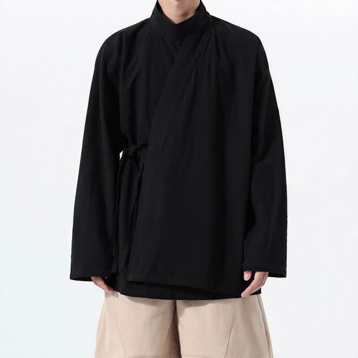 Buddha Stones Lässiger Kimono im Tang-Stil für Herren mit Stehkragen, langen Ärmeln und aus einfarbiger Baumwolle für Herbst und Winter - Schwarz - US/UK/AU46, EU56 (5XL) - image 8