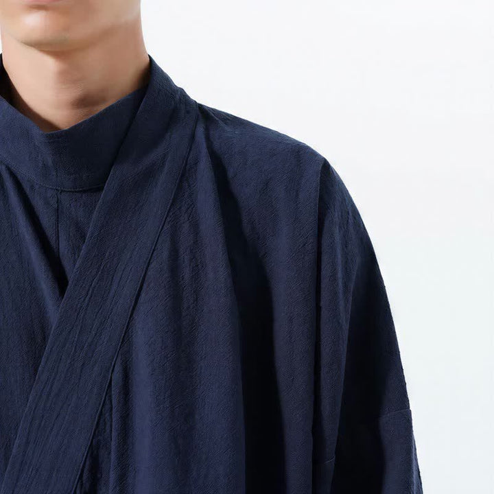 Buddha Stones Lässiger Kimono im Tang-Stil für Herren mit Stehkragen, langen Ärmeln und aus einfarbiger Baumwolle für Herbst und Winter - image 4