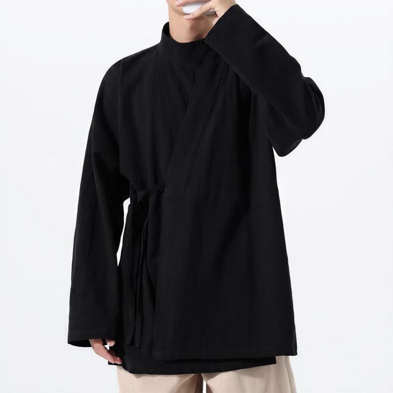 Buddha Stones Lässiger Kimono im Tang-Stil für Herren mit Stehkragen, langen Ärmeln und aus einfarbiger Baumwolle für Herbst und Winter - image 11