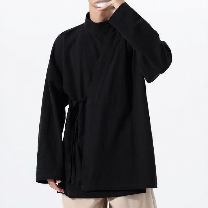 Buddha Stones Lässiger Kimono im Tang-Stil für Herren mit Stehkragen, langen Ärmeln und aus einfarbiger Baumwolle für Herbst und Winter - image 11