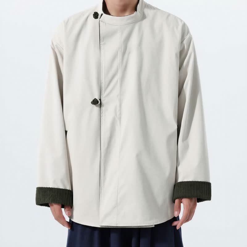 Buddha Stones Lässige Herrenjacke im Tang-Stil mit Stehkragen, wendbar und mit Tasche, aus einfarbigem Cord, ideal für Herbst und Winter. - image 4