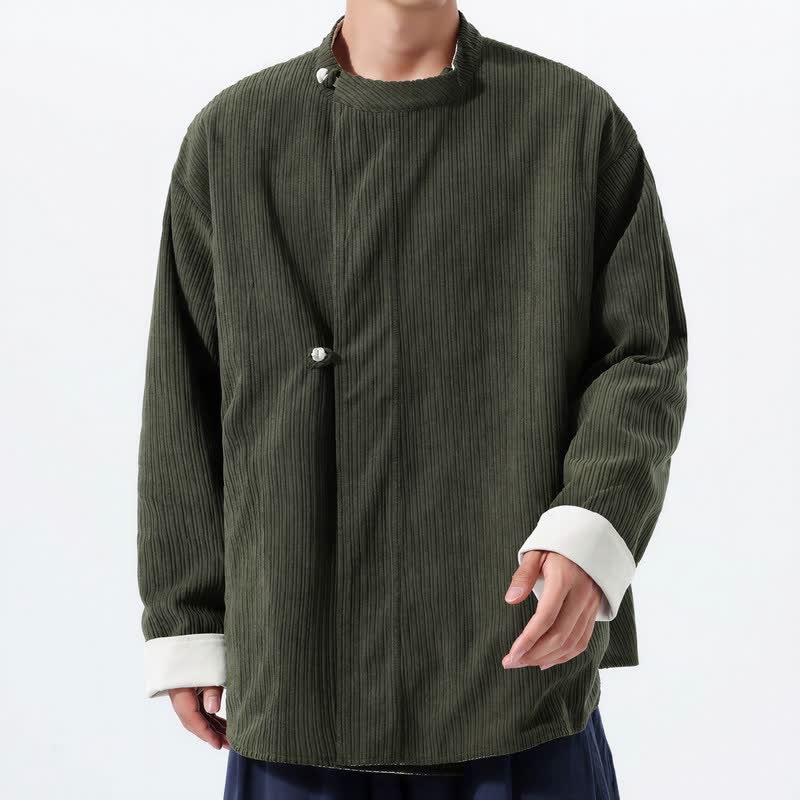 Buddha Stones Lässige Herrenjacke im Tang-Stil mit Stehkragen, wendbar und mit Tasche, aus einfarbigem Cord, ideal für Herbst und Winter. - Dunkelolivgrün - US/UK/AU46, EU56 (5XL) - image 0