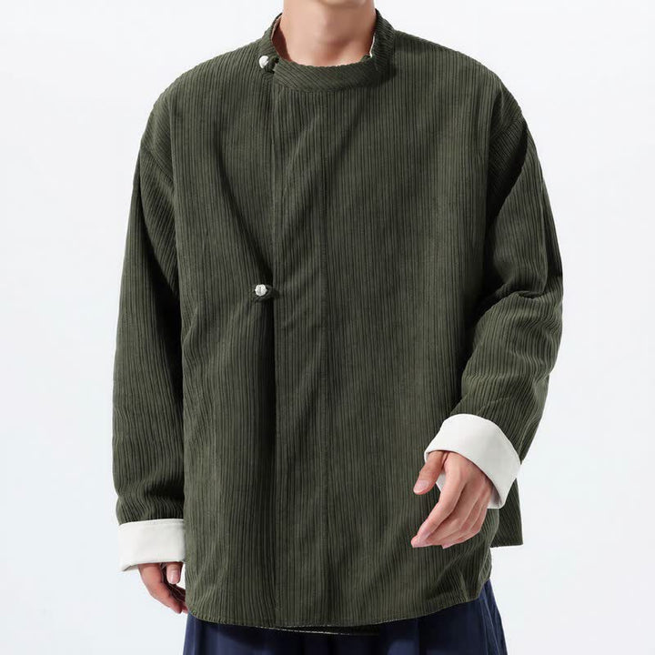 Buddha Stones Lässige Herrenjacke im Tang-Stil mit Stehkragen, wendbar und mit Tasche, aus einfarbigem Cord, ideal für Herbst und Winter. - Dunkelolivgrün - US/UK/AU46, EU56 (5XL) - image 0