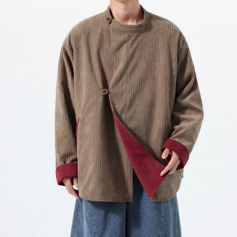 Buddha Stones Lässige Herrenjacke im Tang-Stil mit Stehkragen, wendbar und mit Tasche, aus einfarbigem Cord, ideal für Herbst und Winter. - image 21