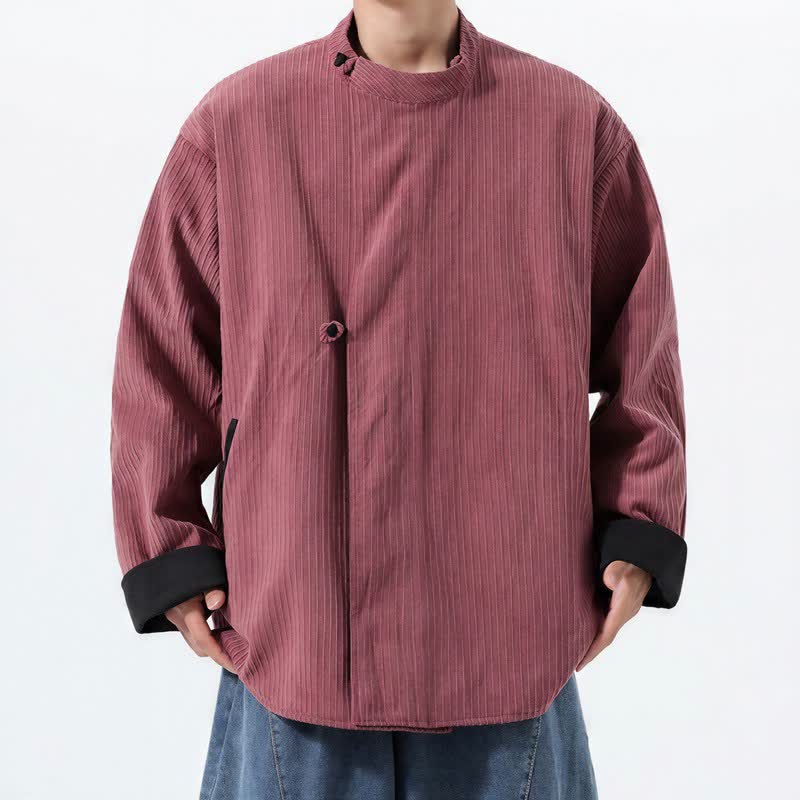Buddha Stones Lässige Herrenjacke im Tang-Stil mit Stehkragen, wendbar und mit Tasche, aus einfarbigem Cord, ideal für Herbst und Winter. - Rosa - US/UK/AU46, EU56 (5XL) - image 11