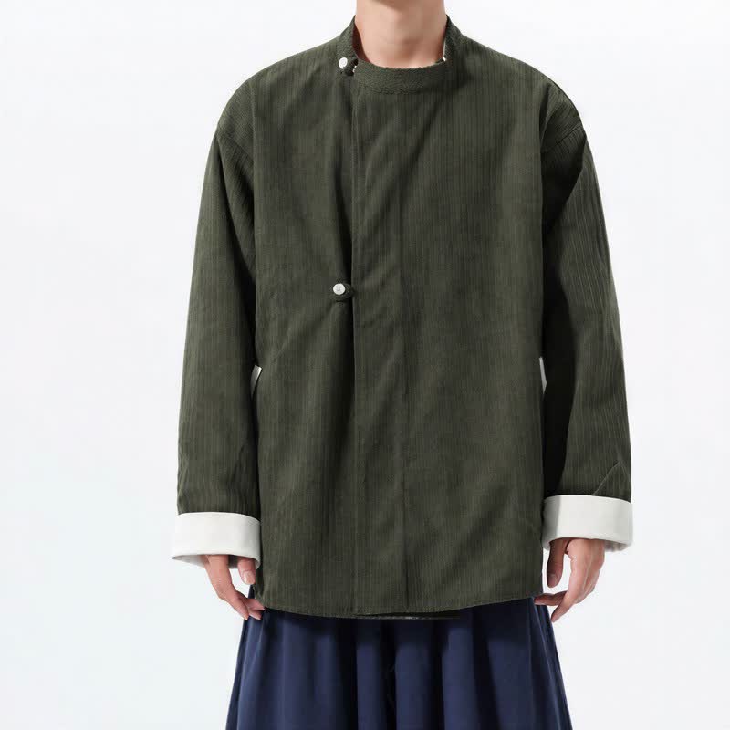 Buddha Stones Lässige Herrenjacke im Tang-Stil mit Stehkragen, wendbar und mit Tasche, aus einfarbigem Cord, ideal für Herbst und Winter. - image 1