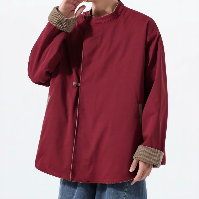 Buddha Stones Lässige Herrenjacke im Tang-Stil mit Stehkragen, wendbar und mit Tasche, aus einfarbigem Cord, ideal für Herbst und Winter. - image 24
