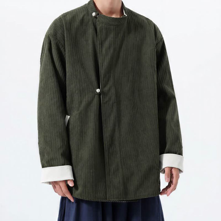 Buddha Stones Lässige Herrenjacke im Tang-Stil mit Stehkragen, wendbar und mit Tasche, aus einfarbigem Cord, ideal für Herbst und Winter. - image 2