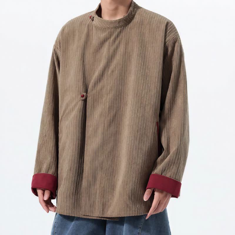 Buddha Stones Lässige Herrenjacke im Tang-Stil mit Stehkragen, wendbar und mit Tasche, aus einfarbigem Cord, ideal für Herbst und Winter. - image 20