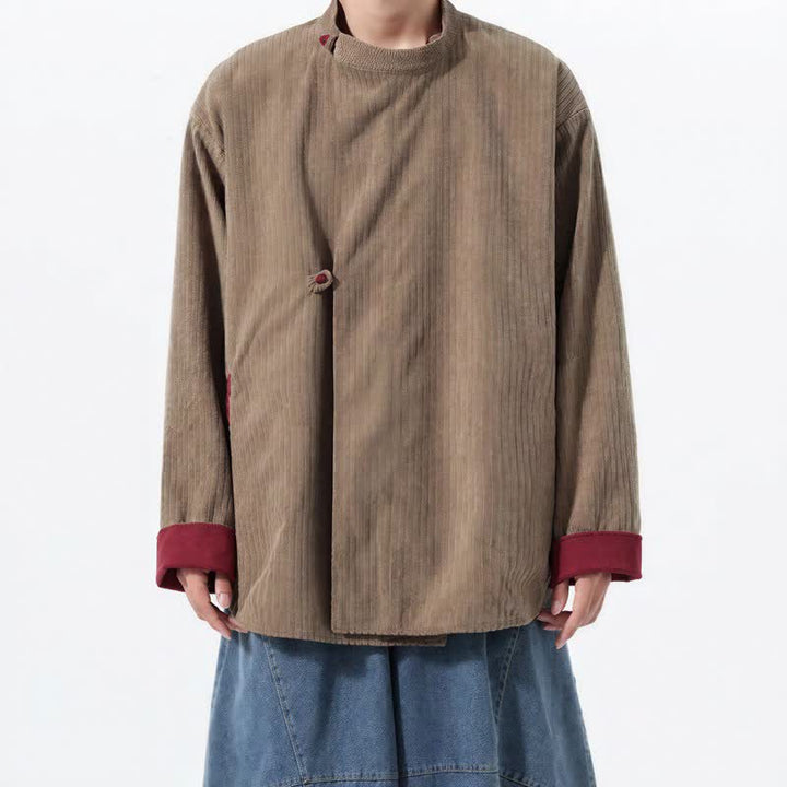 Buddha Stones Lässige Herrenjacke im Tang-Stil mit Stehkragen, wendbar und mit Tasche, aus einfarbigem Cord, ideal für Herbst und Winter. - Khaki - US/UK/AU46, EU56 (5XL) - image 18