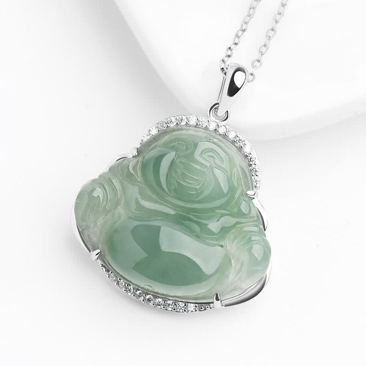 Buddha Stones Halskette mit Anhänger in Form eines lachenden Buddhas aus 925er Sterlingsilber mit grüner Jade-Einlage und Titanstahlkette - image 3
