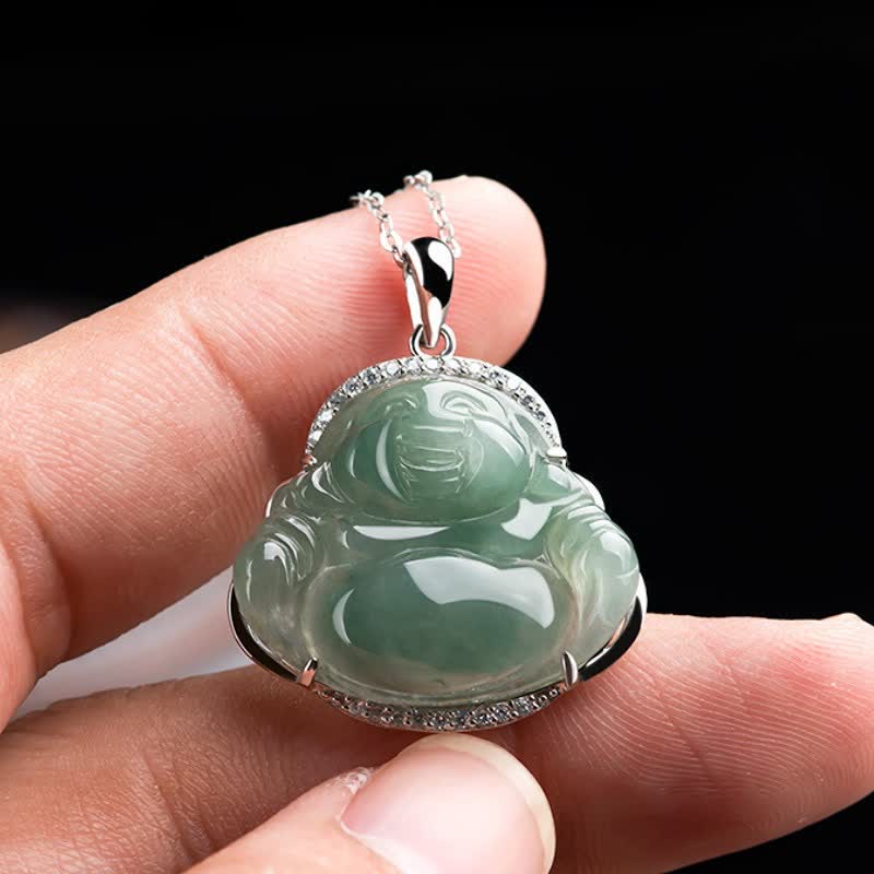 Buddha Stones Halskette mit Anhänger in Form eines lachenden Buddhas aus 925er Sterlingsilber mit grüner Jade-Einlage und Titanstahlkette - image 7