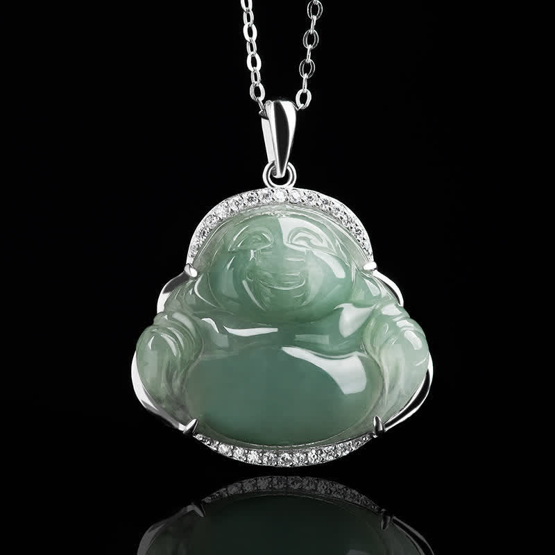Buddha Stones Halskette mit Anhänger in Form eines lachenden Buddhas aus 925er Sterlingsilber mit grüner Jade-Einlage und Titanstahlkette - image 4