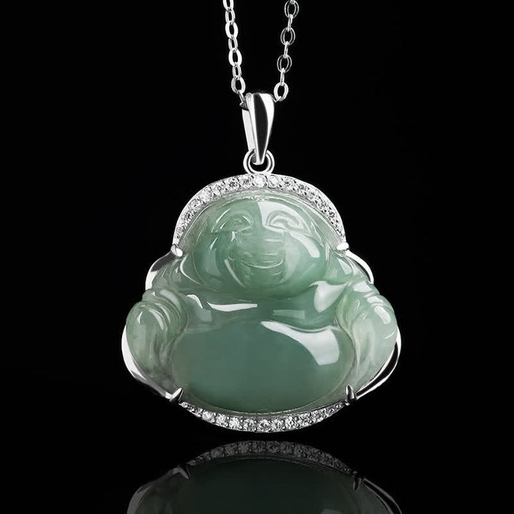 Buddha Stones Halskette mit Anhänger in Form eines lachenden Buddhas aus 925er Sterlingsilber mit grüner Jade-Einlage und Titanstahlkette - image 4