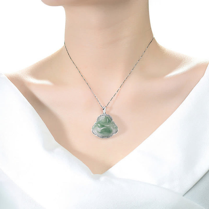 Buddha Stones Halskette mit Anhänger in Form eines lachenden Buddhas aus 925er Sterlingsilber mit grüner Jade-Einlage und Titanstahlkette - image 9