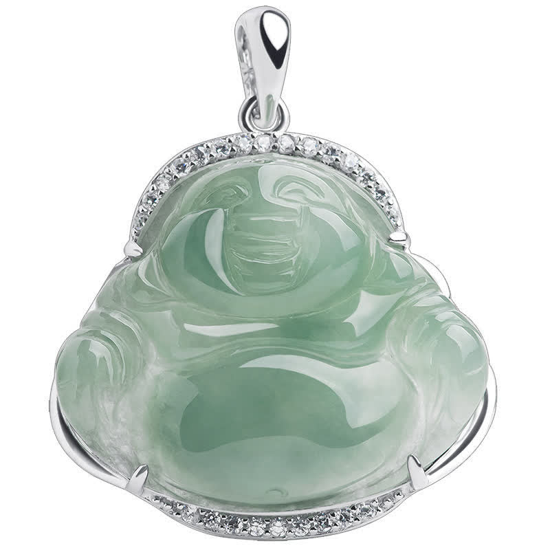 Buddha Stones Halskette mit Anhänger in Form eines lachenden Buddhas aus 925er Sterlingsilber mit grüner Jade-Einlage und Titanstahlkette - image 10