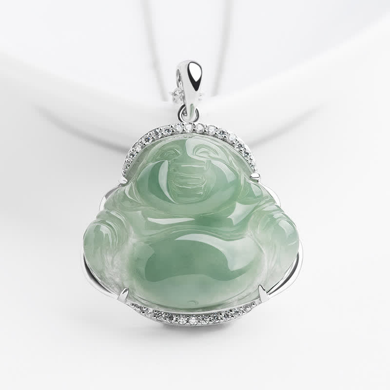 Buddha Stones Halskette mit Anhänger in Form eines lachenden Buddhas aus 925er Sterlingsilber mit grüner Jade-Einlage und Titanstahlkette - Jade (Glück♥Schutz) - Titanstahlkette - image 0