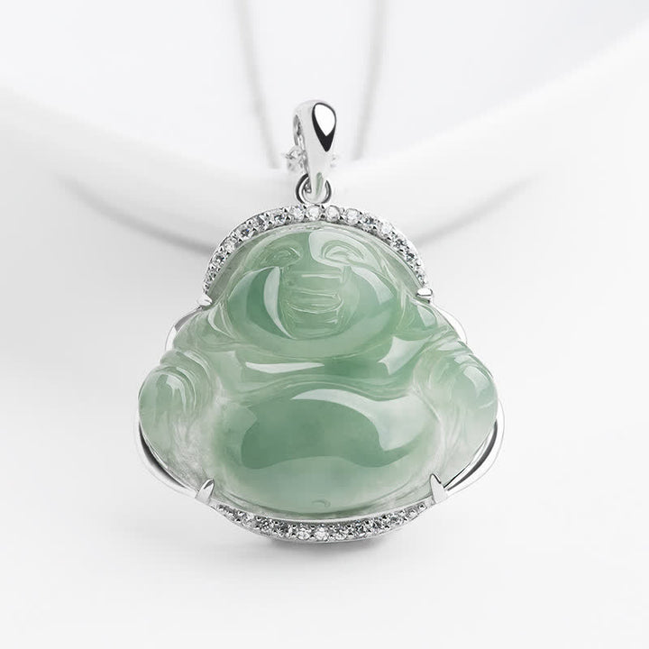 Buddha Stones Halskette mit Anhänger in Form eines lachenden Buddhas aus 925er Sterlingsilber mit grüner Jade-Einlage und Titanstahlkette - Jade (Glück♥Schutz) - Titanstahlkette - image 0
