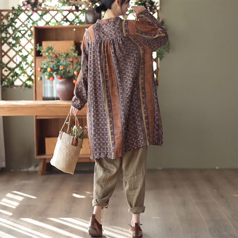 Buddha Stones Frühling/Herbst Retro Boho Kleid mit Knopfleiste, Streifenmuster, Blumenmuster, langen Ärmeln und Tasche für Damen - image 3