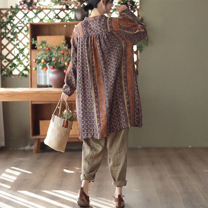Buddha Stones Frühling/Herbst Retro Boho Kleid mit Knopfleiste, Streifenmuster, Blumenmuster, langen Ärmeln und Tasche für Damen - image 3