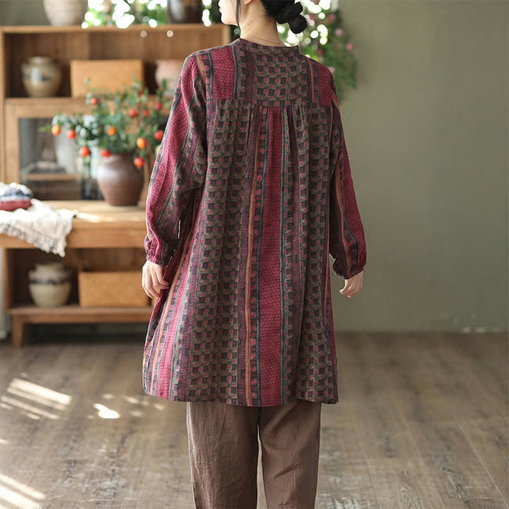 Buddha Stones Frühling/Herbst Retro Boho Kleid mit Knopfleiste, Streifenmuster, Blumenmuster, langen Ärmeln und Tasche für Damen - image 20