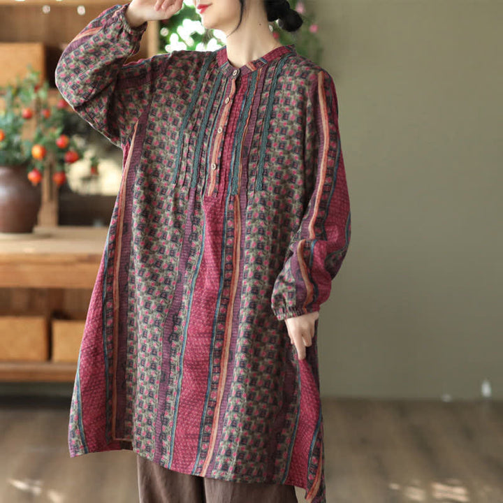 Buddha Stones Frühling/Herbst Retro Boho Kleid mit Knopfleiste, Streifenmuster, Blumenmuster, langen Ärmeln und Tasche für Damen - Blassviolettrot - US14, UK/AU18, EU46 (2XL) - image 19