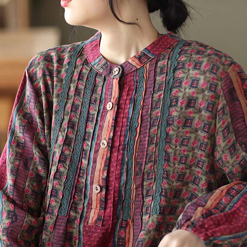 Buddha Stones Frühling/Herbst Retro Boho Kleid mit Knopfleiste, Streifenmuster, Blumenmuster, langen Ärmeln und Tasche für Damen - image 22