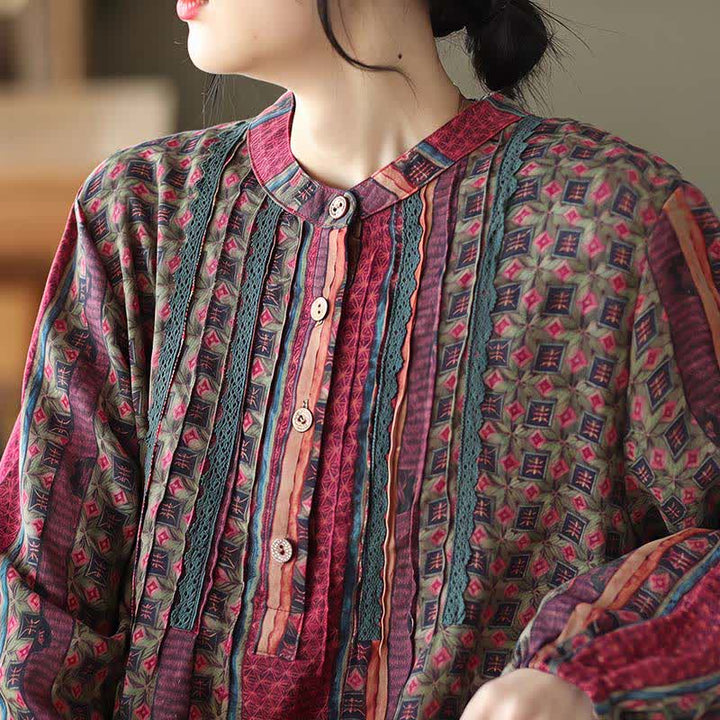 Buddha Stones Frühling/Herbst Retro Boho Kleid mit Knopfleiste, Streifenmuster, Blumenmuster, langen Ärmeln und Tasche für Damen - image 22
