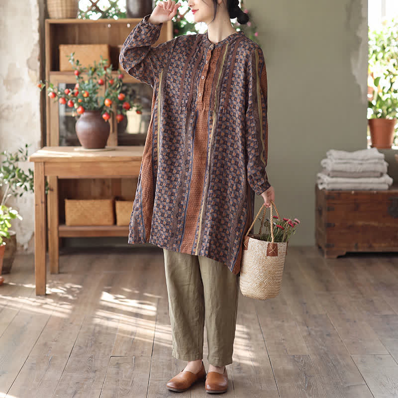 Buddha Stones Frühling/Herbst Retro Boho Kleid mit Knopfleiste, Streifenmuster, Blumenmuster, langen Ärmeln und Tasche für Damen - image 2
