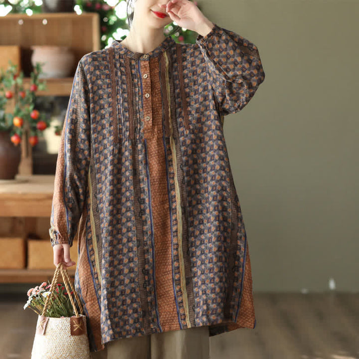 Buddha Stones Frühling/Herbst Retro Boho Kleid mit Knopfleiste, Streifenmuster, Blumenmuster, langen Ärmeln und Tasche für Damen - Dunkelgoldenrod - US14, UK/AU18, EU46 (2XL) - image 0