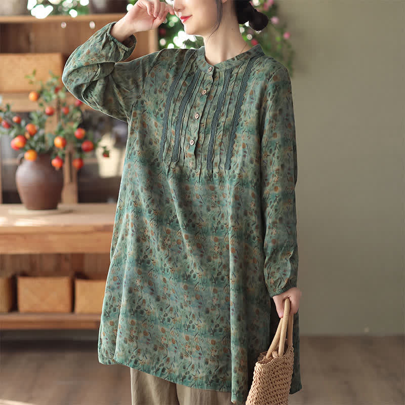 Buddha Stones Frühling/Herbst Retro Boho Kleid mit Knopfleiste, Streifenmuster, Blumenmuster, langen Ärmeln und Tasche für Damen - image 5