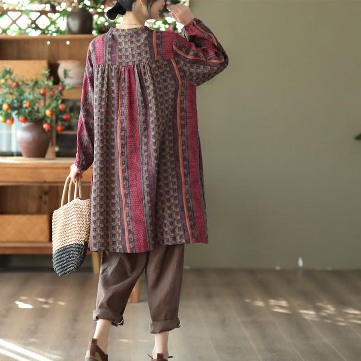 Buddha Stones Frühling/Herbst Retro Boho Kleid mit Knopfleiste, Streifenmuster, Blumenmuster, langen Ärmeln und Tasche für Damen - image 21