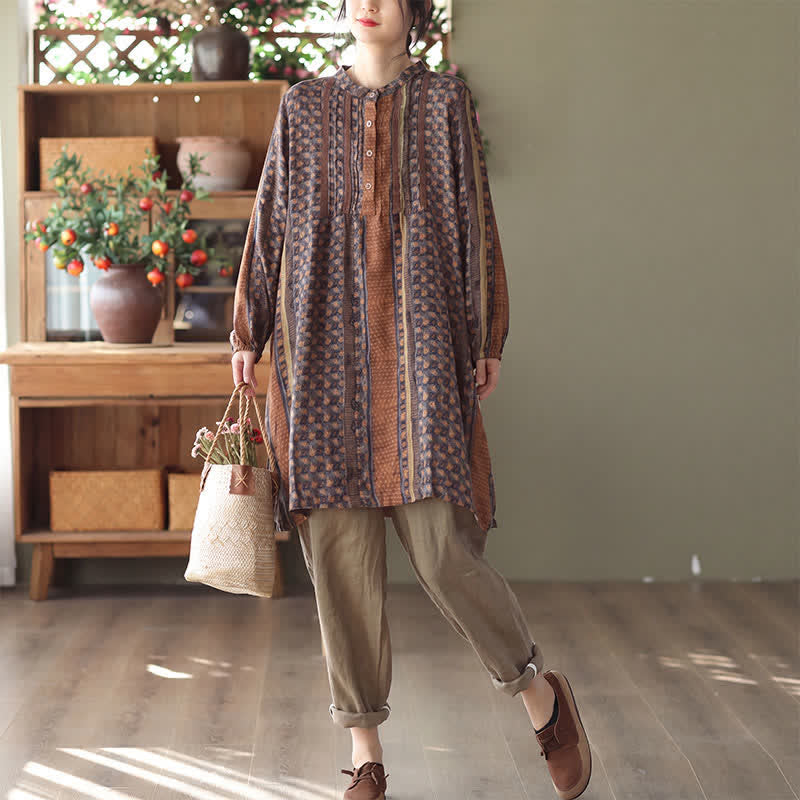 Buddha Stones Frühling/Herbst Retro Boho Kleid mit Knopfleiste, Streifenmuster, Blumenmuster, langen Ärmeln und Tasche für Damen - image 1