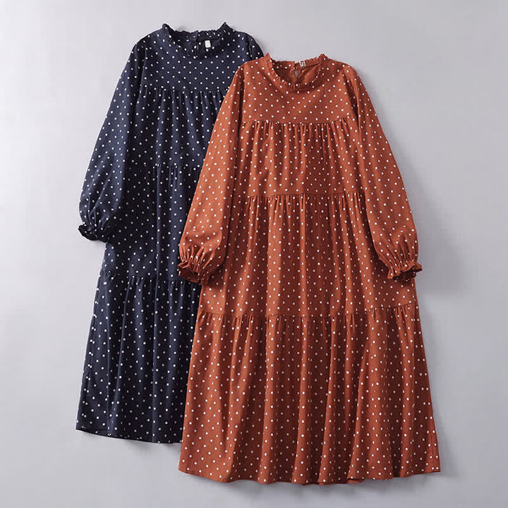 Buddha Stones Frühlingshaftes Vintage-Kleid mit Stufenmuster, Polka-Dots, langen Ärmeln und Taschen - image 15