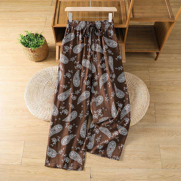 Buddha Stones Lässige, knöchellange Hose im Boho-Stil mit Kordelzug und Paisley-Muster, gerades Bein und Tasche für Damen, ideal für Frühling und Sommer. - Sattelbraun - US8-10, UK/AU12-14, EU40-42 (2XL) - image 0