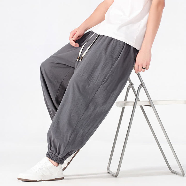 Buddha Stones Lässige, minimalistische Haremshose für Herren aus Baumwoll-Leinen-Mischgewebe mit Kordelzug und Tasche für Frühling und Sommer - image 16