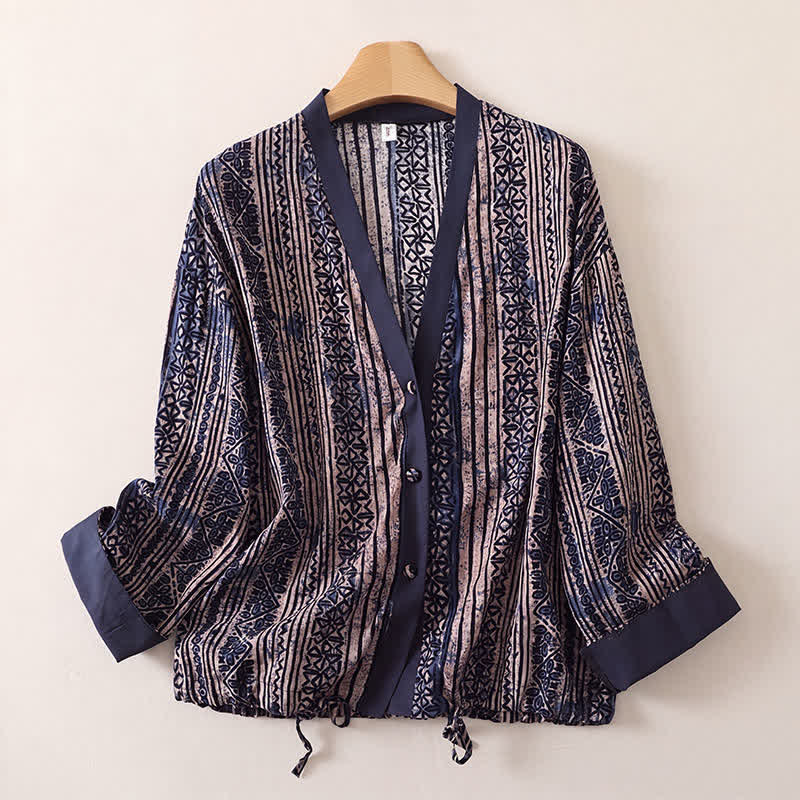Buddha Stones Frühling/Sommer Vintage Bohemian Langarmhemden mit Knopfleiste und geometrischem Muster für Damen, langärmlig - Marine - US8-10, UK/AU12-14, EU40-42 (2XL) - image 0
