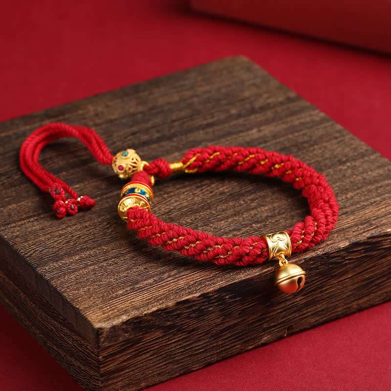 Buddha Stones Handgewebtes tibetisches Om Mani Padme Hum Weisheitsglocken-Charm-Armband aus mehrfarbigem Seil - Burgunderrot (Handgelenkumfang: 15–17 cm) - image 0