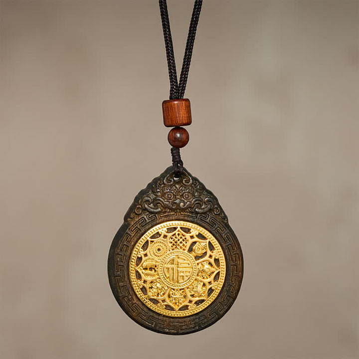 Buddha Stones Halskette mit handgeschnitztem Anhänger aus Sappanholz, Motiv eines Glücksbiestes und Fu-Zeichens - image 2