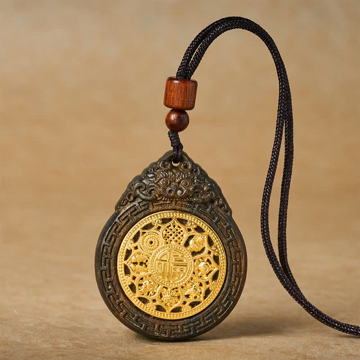 Buddha Stones Halskette mit handgeschnitztem Anhänger aus Sappanholz, Motiv eines Glücksbiestes und Fu-Zeichens - Glückverheißendes Tier - image 0