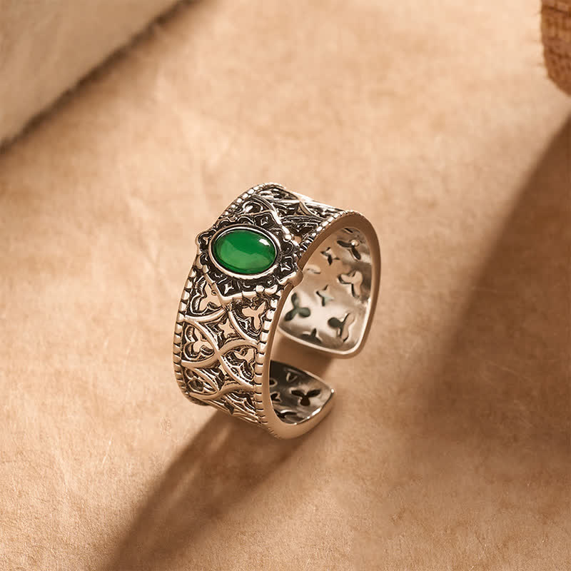 Buddha Stones Vintage-Ring mit grüner Achatwaage und Gravur - image 1